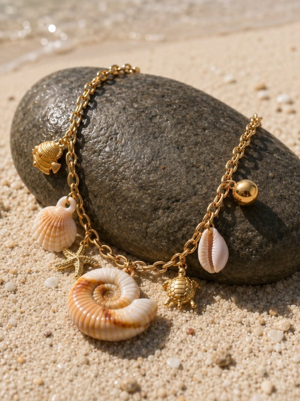 18K Gold Plated Faux Shell Mermaidcore Charm Necklace Turtle Starfish 15.5" - Picture 6 of 15